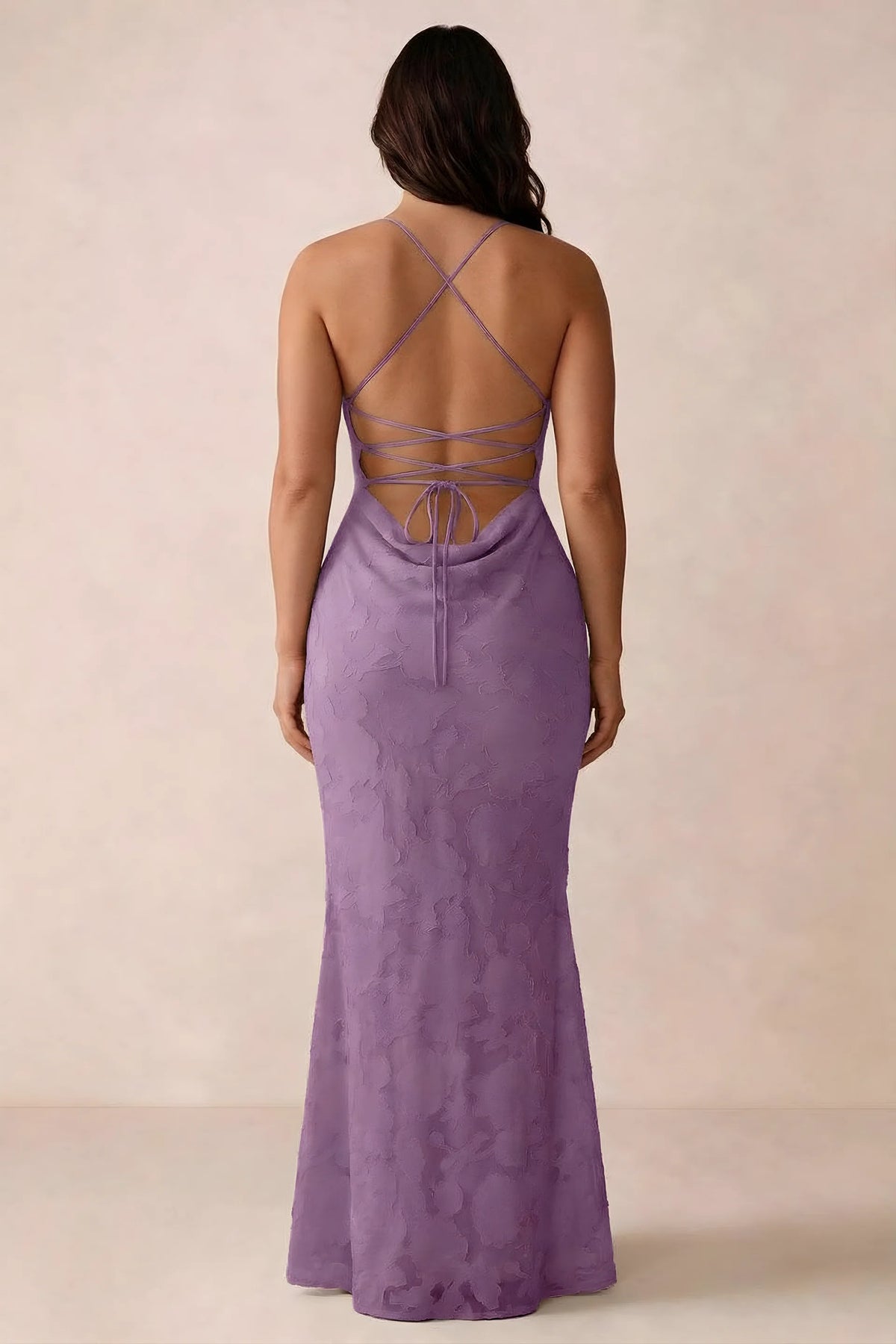 Back studio view of Bess wisteria dress showing the crossed straps and full-length silhouette