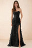 Front studio view of Beth black corset maxi dress with a draped neckline, floral skirt and high slit
