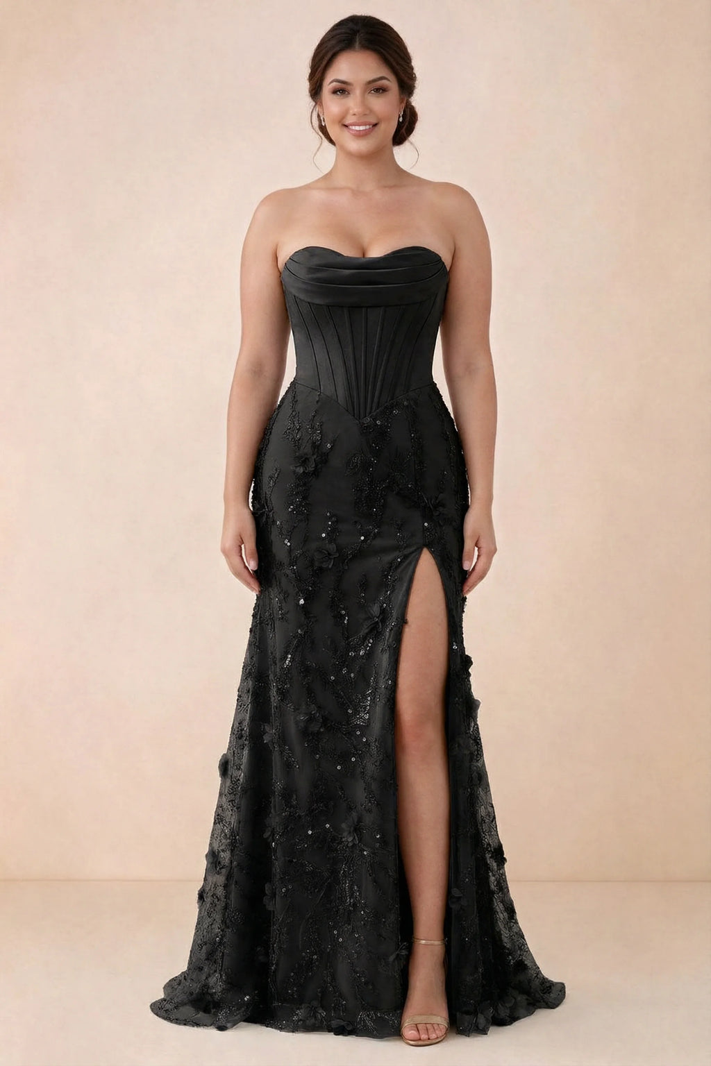 Front studio view of Beth black maxi dress showing the fitted bodice and flared floral skirt