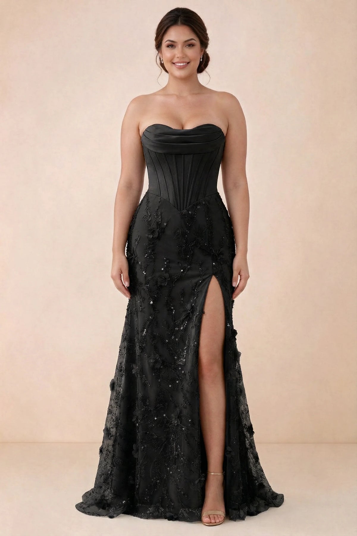 Front studio view of Beth black maxi dress showing the fitted bodice and flared floral skirt