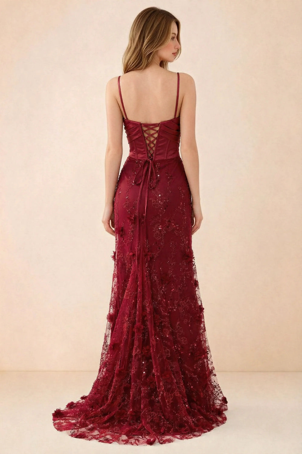 Translation missing: en.Rear studio view of Beth burgundy dress showing corset back lacing and a trailing floral hem content.product_image_secondary