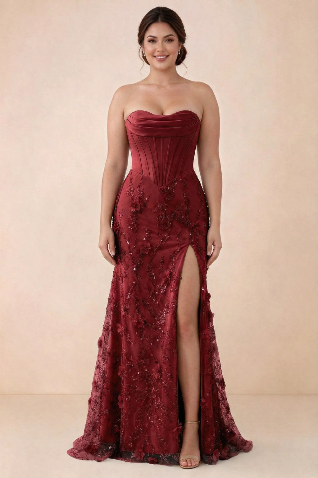 Front studio view of Beth burgundy maxi dress showing the fitted bodice and flared floral skirt