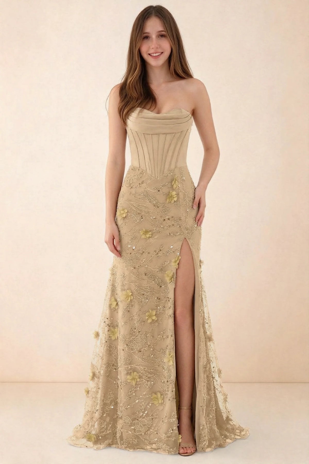 Front studio view of Beth champagne corset maxi dress with a draped neckline, floral skirt and high slit