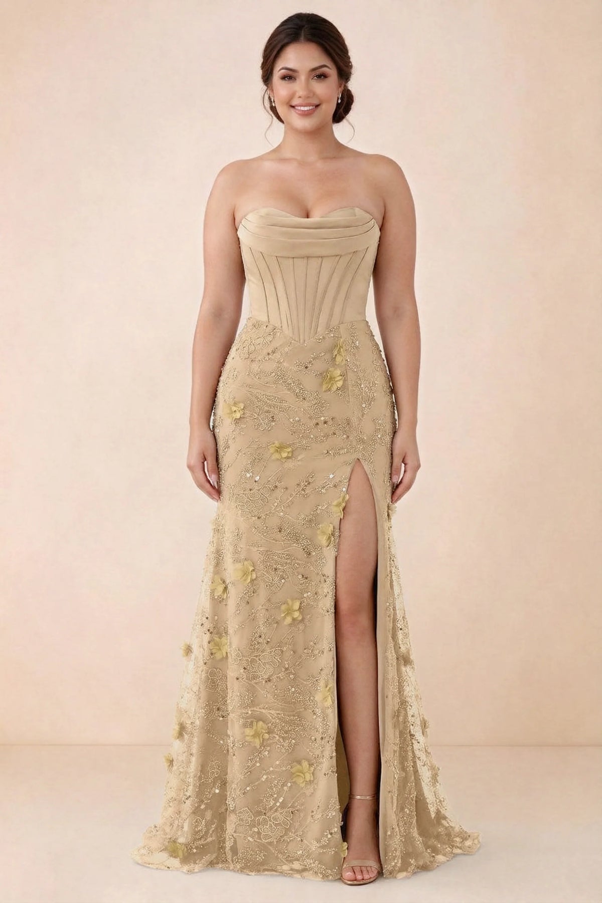 Front studio view of Beth champagne maxi dress showing the fitted bodice and flared floral skirt