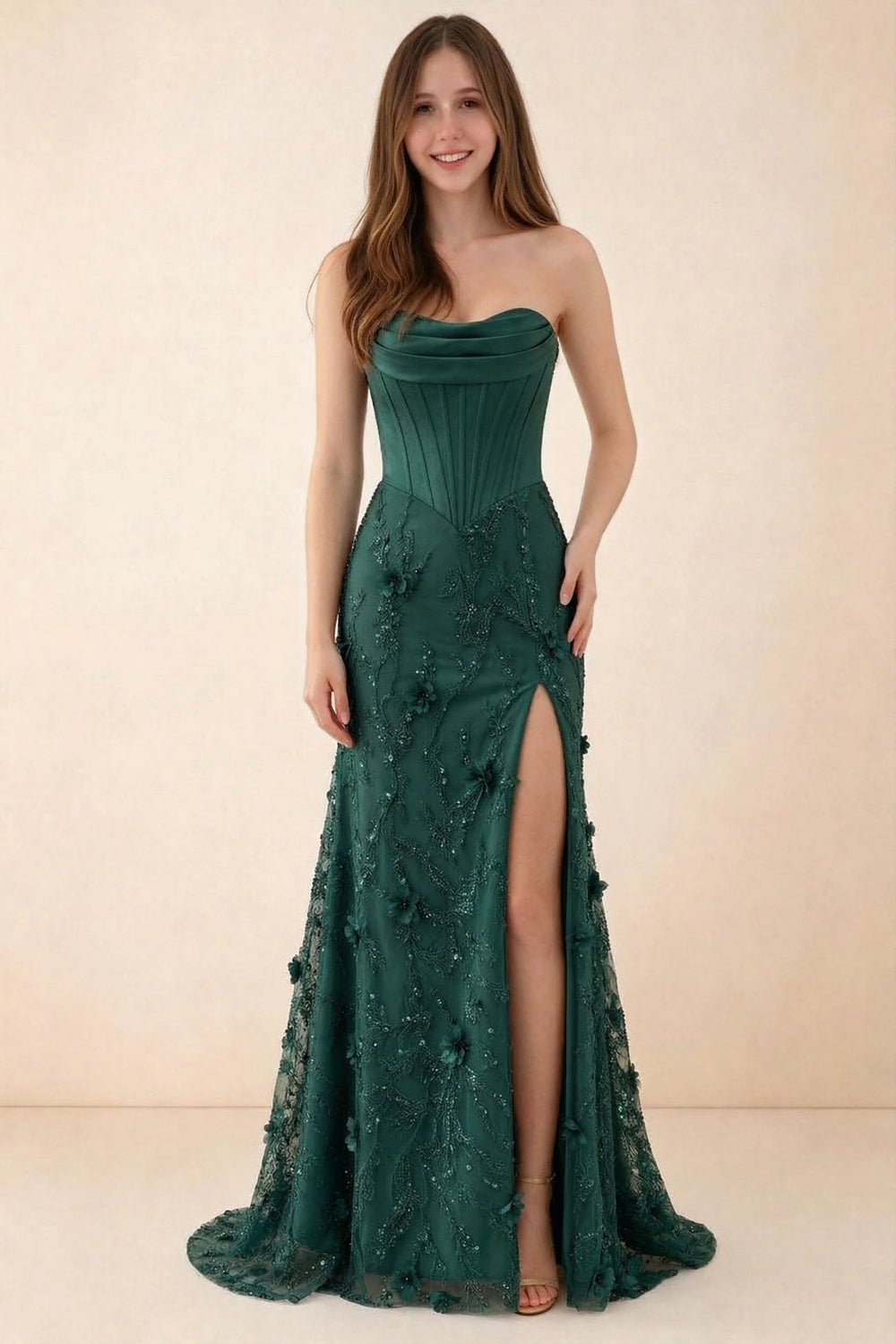 Translation missing: es.Front studio view of Beth dark green corset maxi dress with a draped neckline, floral skirt and high slit content.product_image_main