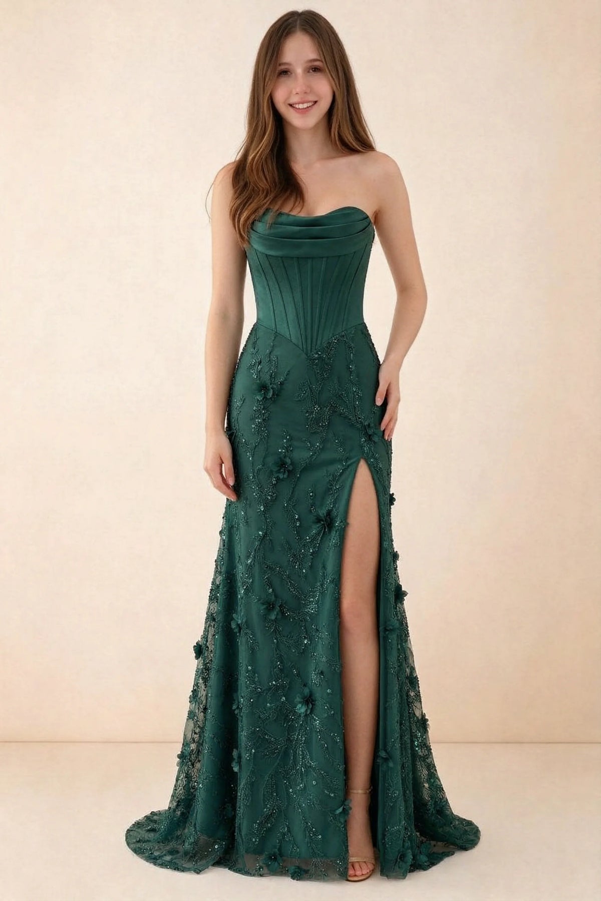 Front studio view of Beth dark green corset maxi dress with a draped neckline, floral skirt and high slit