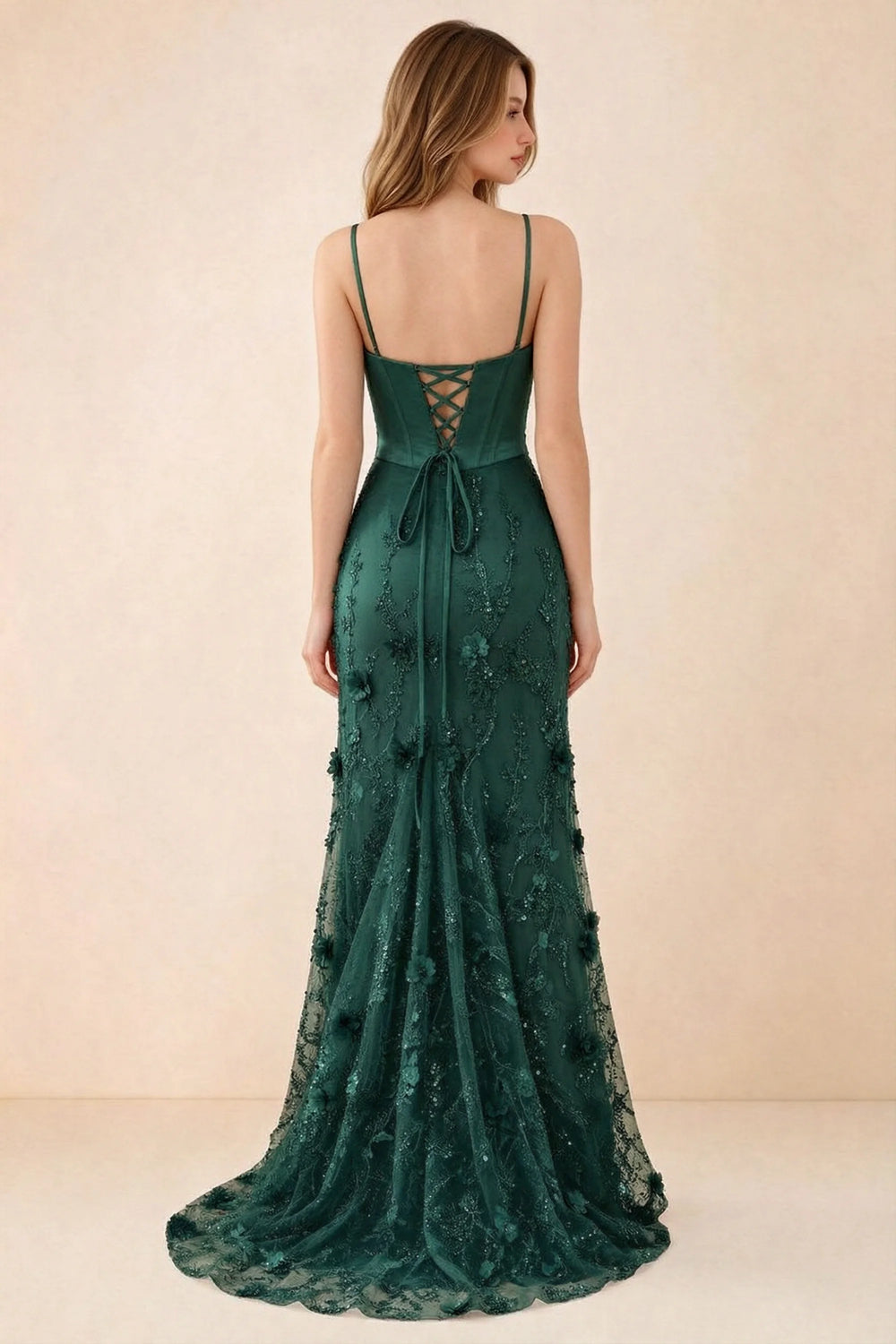Translation missing: es.Rear studio view of Beth dark green dress showing corset back lacing and a trailing floral hem content.product_image_secondary