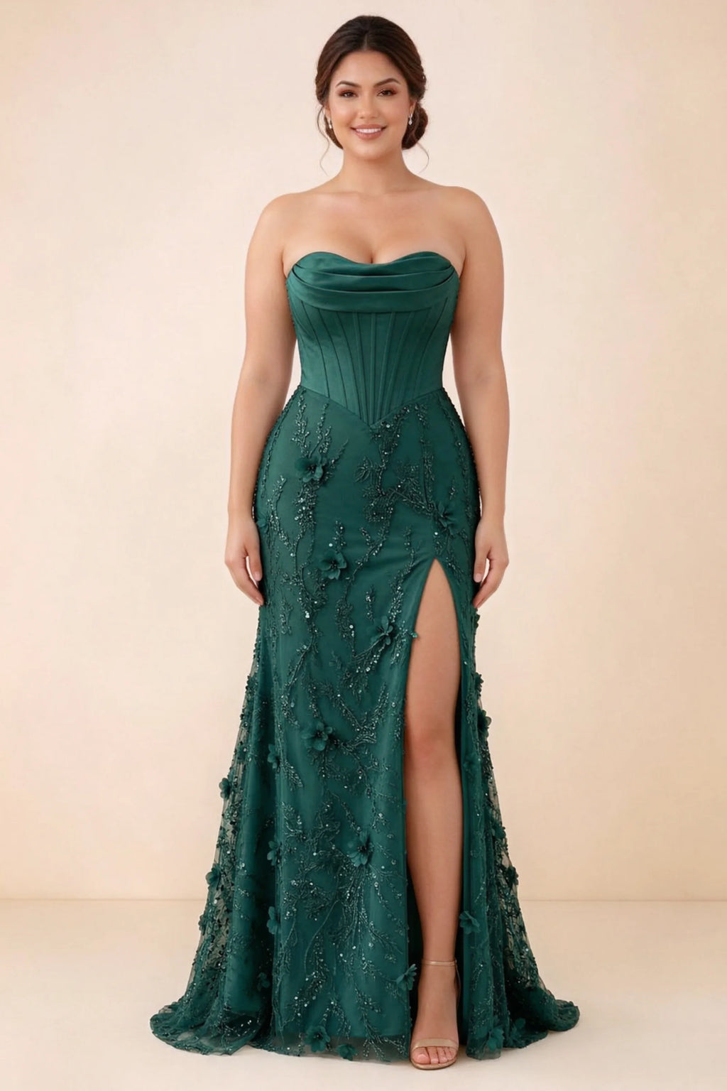 Front studio view of Beth dark green maxi dress showing the fitted bodice and flared floral skirt