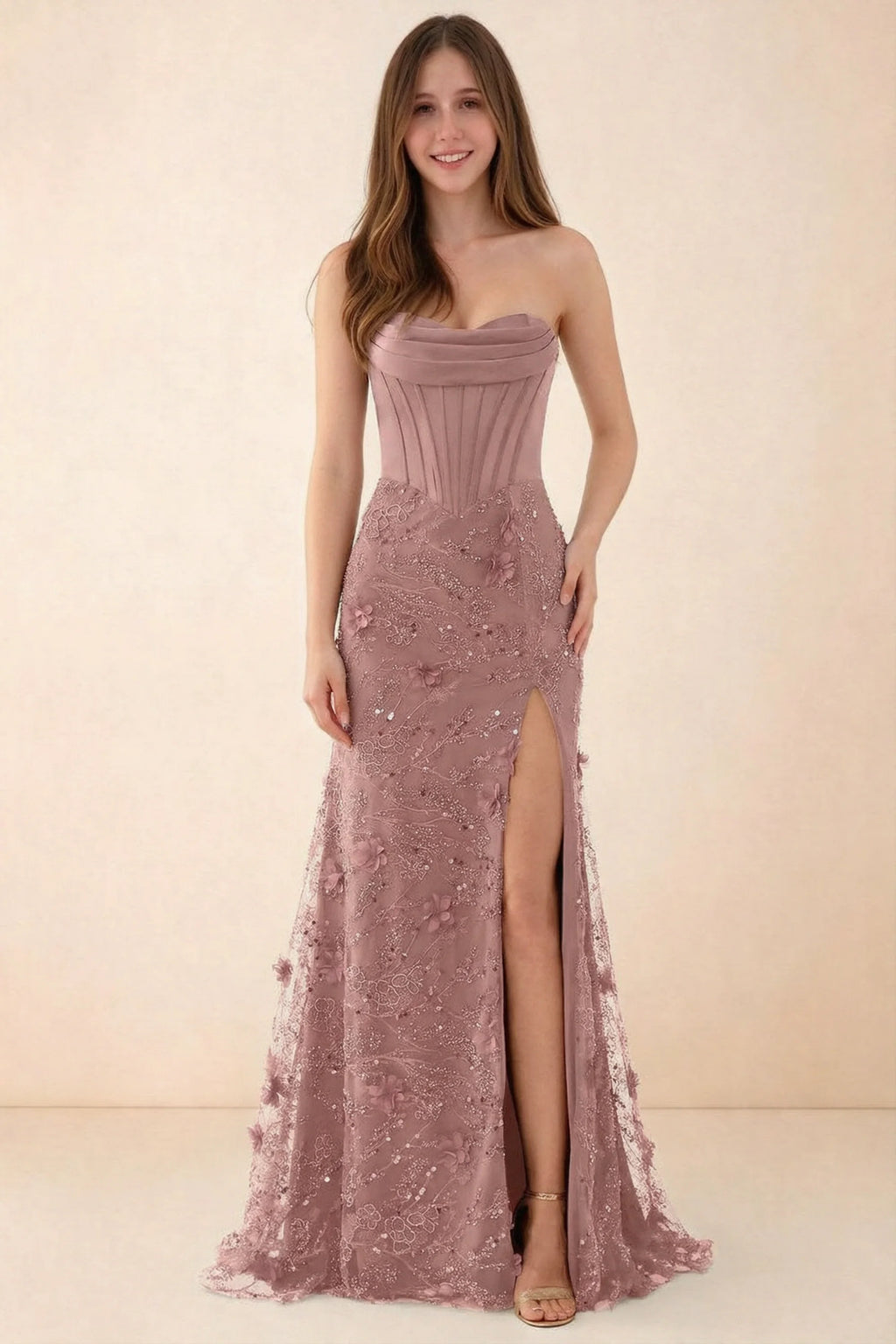 Front studio view of Beth pink corset maxi dress with a draped neckline, floral skirt and high slit