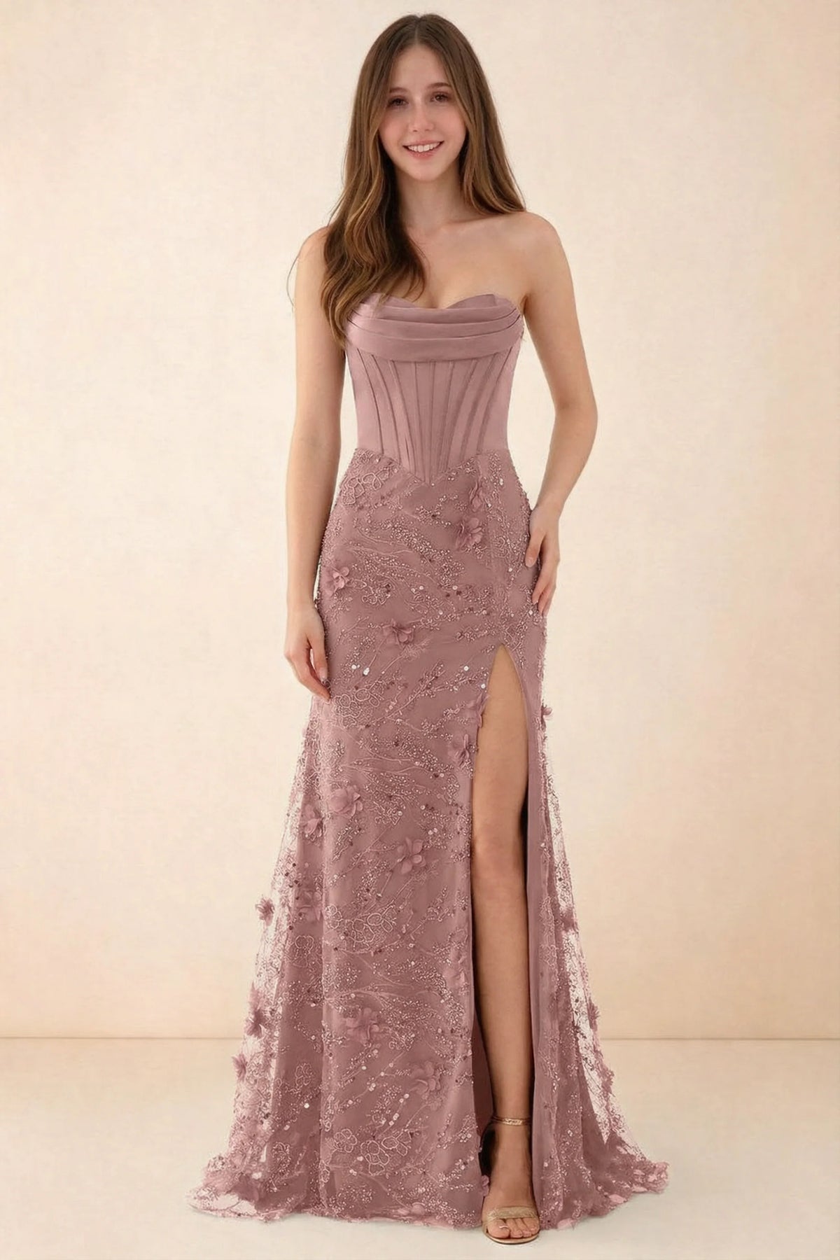 Front studio view of Beth pink corset maxi dress with a draped neckline, floral skirt and high slit
