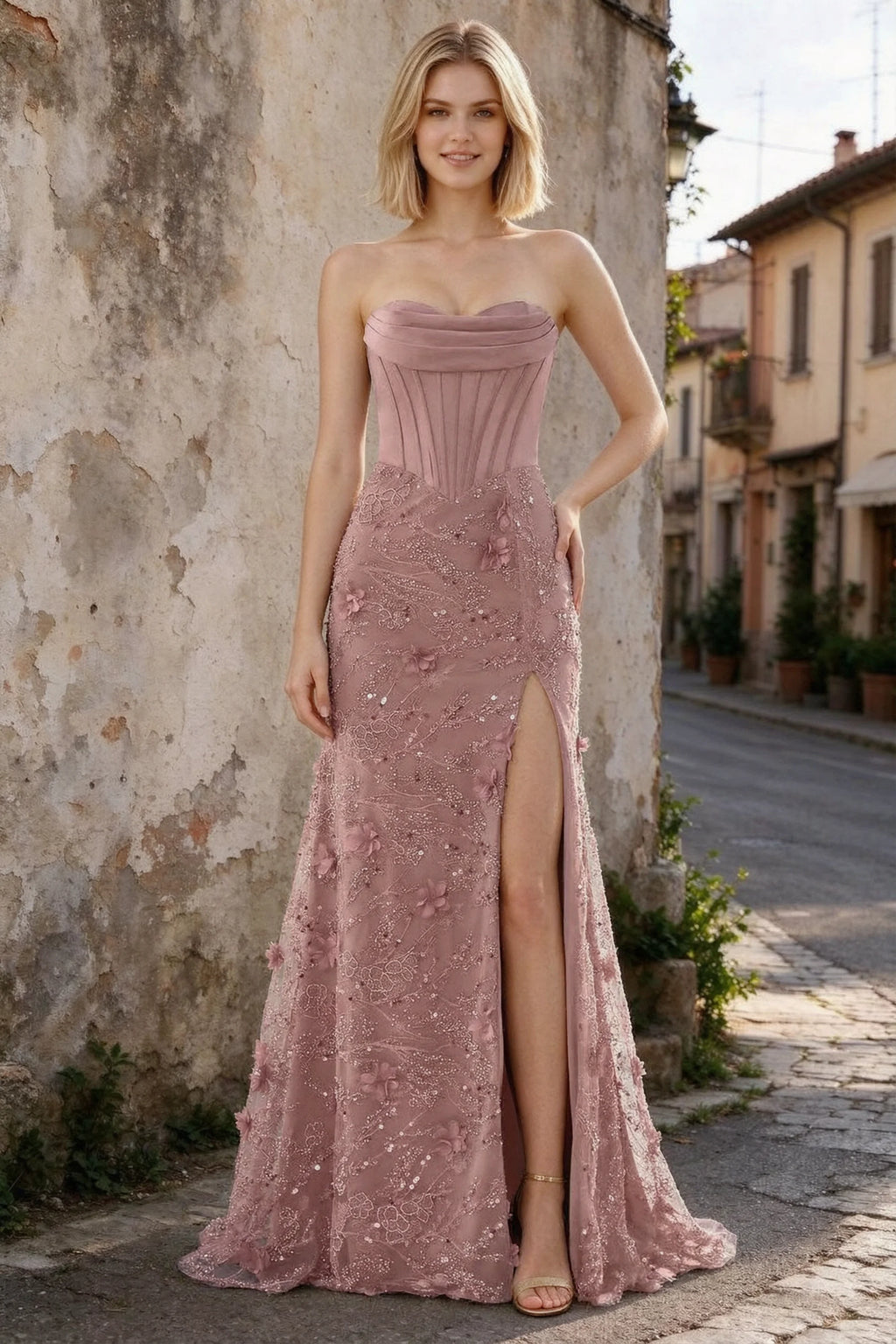 Outdoor front view of Beth pink corset dress showing the high side slit on a stone street