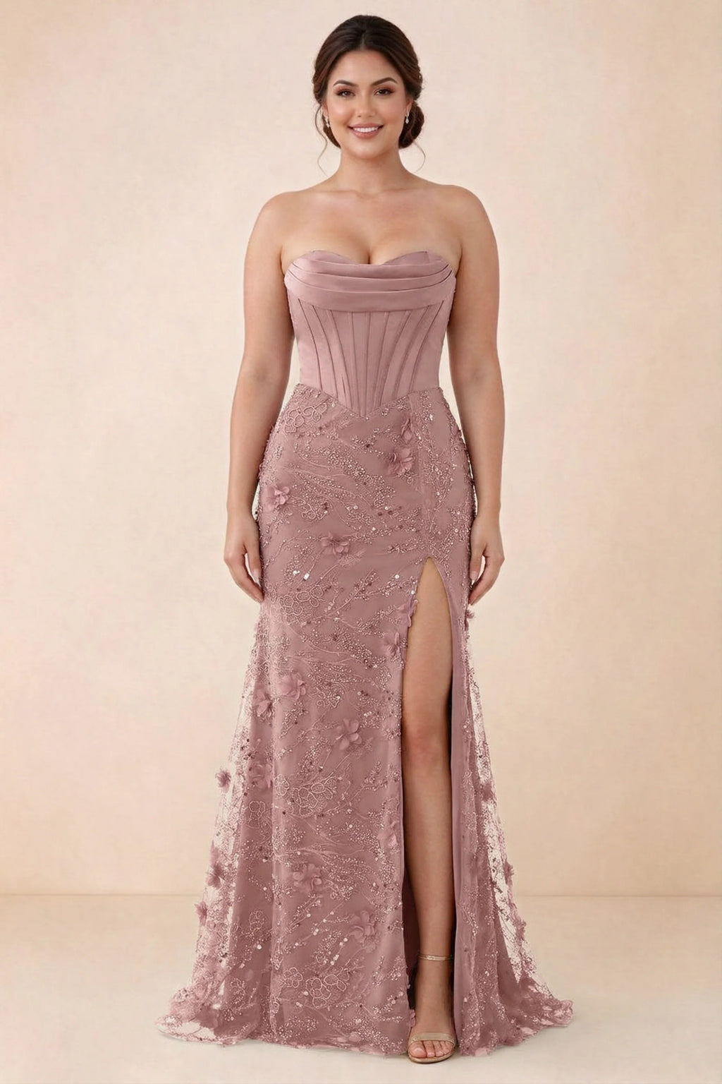 Front studio view of Beth pink maxi dress showing the fitted bodice and flared floral skirt