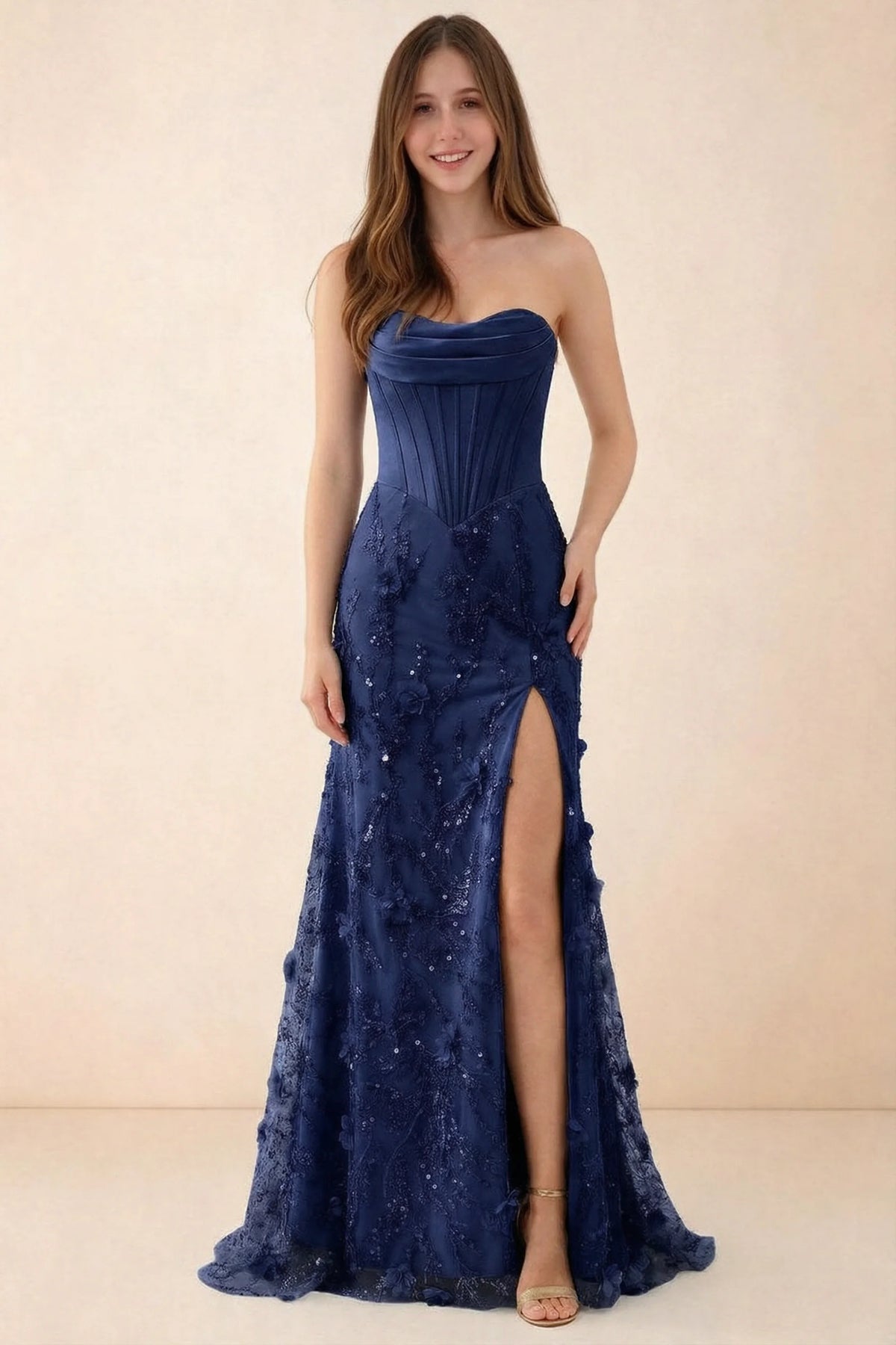 Front studio view of Beth navy corset maxi dress with a draped neckline, floral skirt and high slit