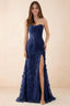 Front studio view of Beth navy corset maxi dress with a draped neckline, floral skirt and high slit