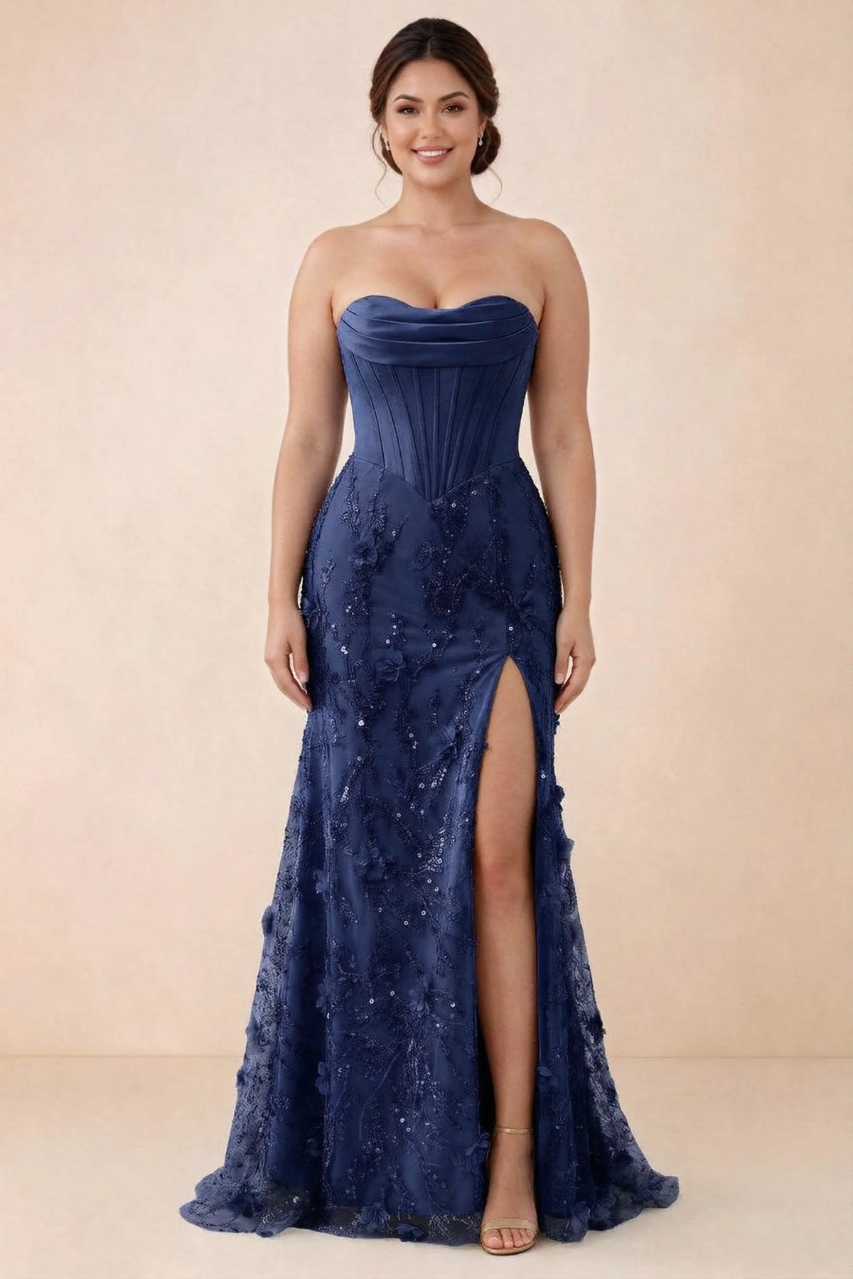 Front studio view of Beth navy maxi dress showing the fitted bodice and flared floral skirt