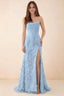 Front studio view of Beth sky blue corset maxi dress with a draped neckline, floral skirt and high slit