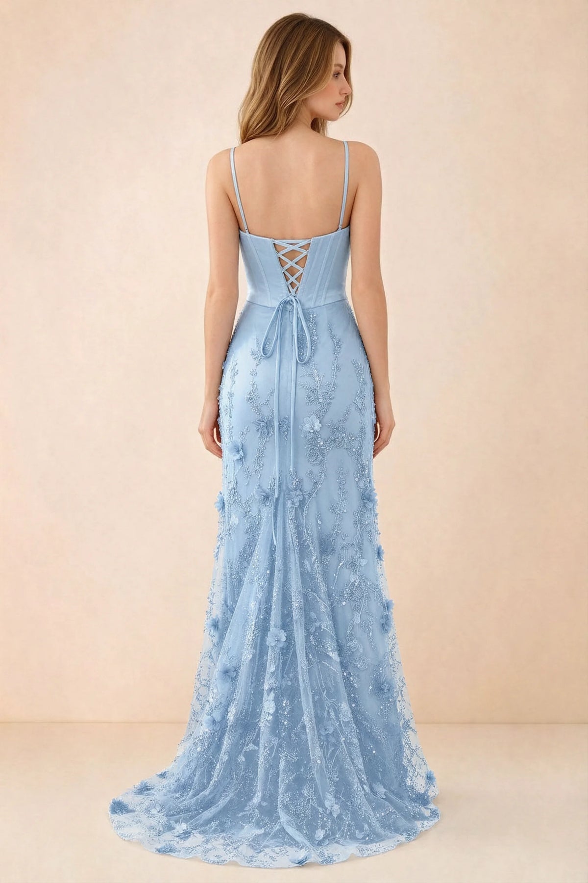 Rear studio view of Beth sky blue dress showing corset back lacing and a trailing floral hem