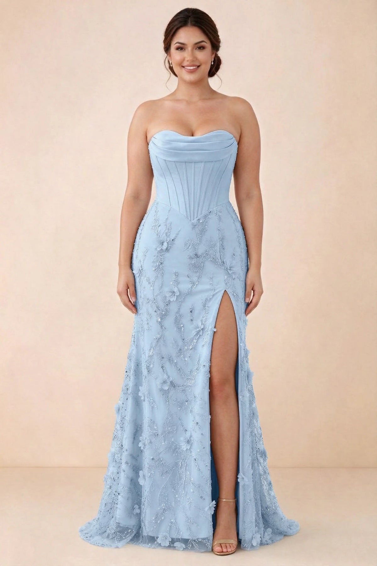 Front studio view of Beth sky blue maxi dress showing the fitted bodice and flared floral skirt