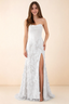Front studio view of Beth white corset maxi dress with a draped neckline, floral skirt and high slit
