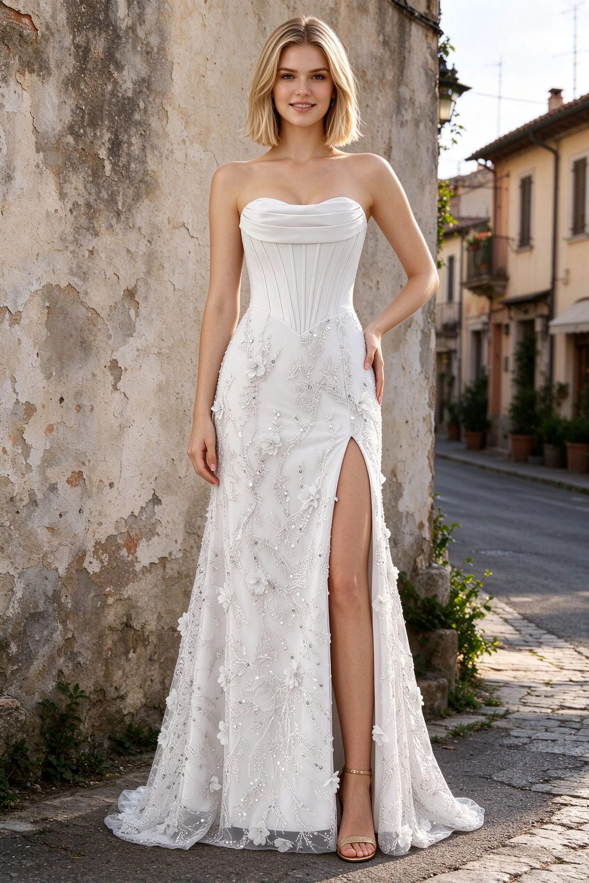 Outdoor front view of Beth white corset dress showing the high side slit on a stone street