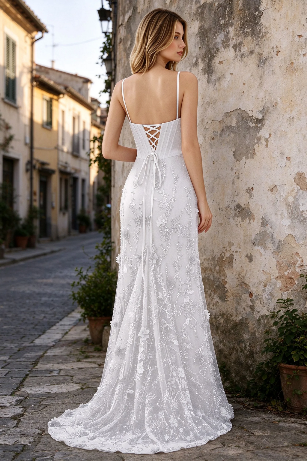 Outdoor rear view of Beth white maxi dress showing back lacing and the long embellished skirt