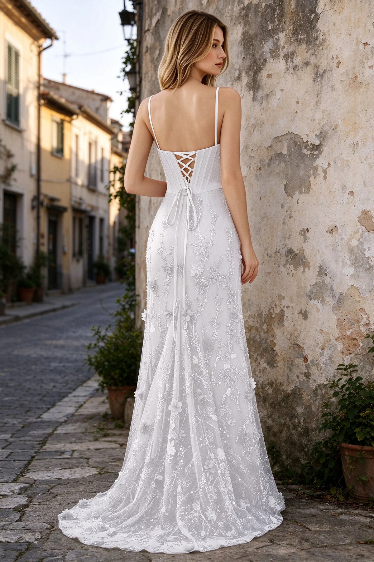 Outdoor rear view of Beth white maxi dress showing back lacing and the long embellished skirt