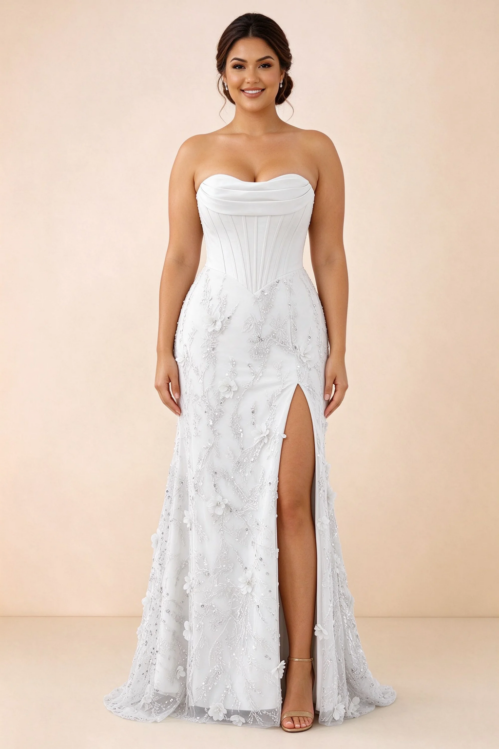 Front studio view of Beth white maxi dress showing the fitted bodice and flared floral skirt