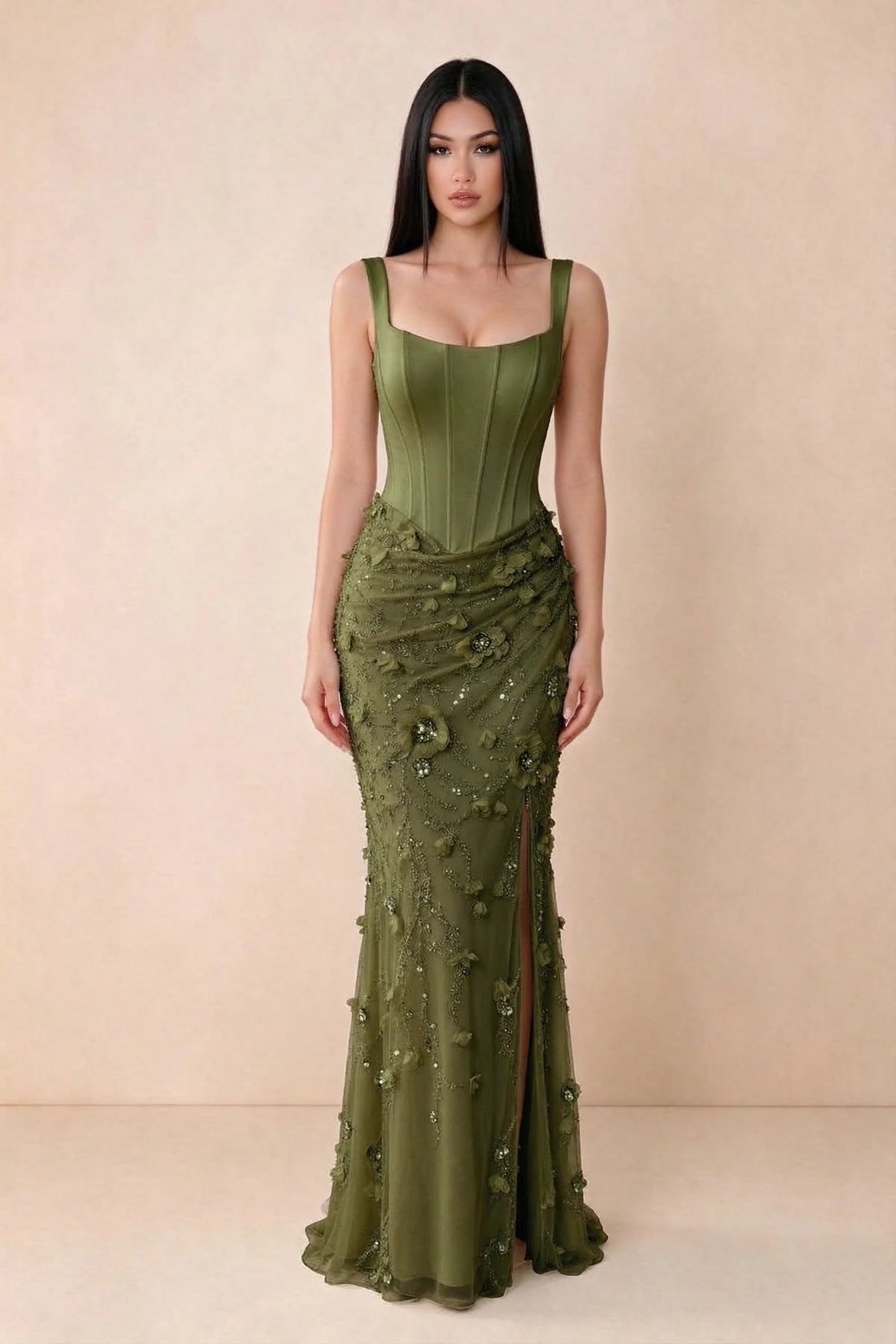 Front studio view of Betsy olive square-neck corset maxi dress with a floral skirt and high slit