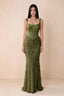 Front studio view of Betsy olive square-neck corset maxi dress with a floral skirt and high slit