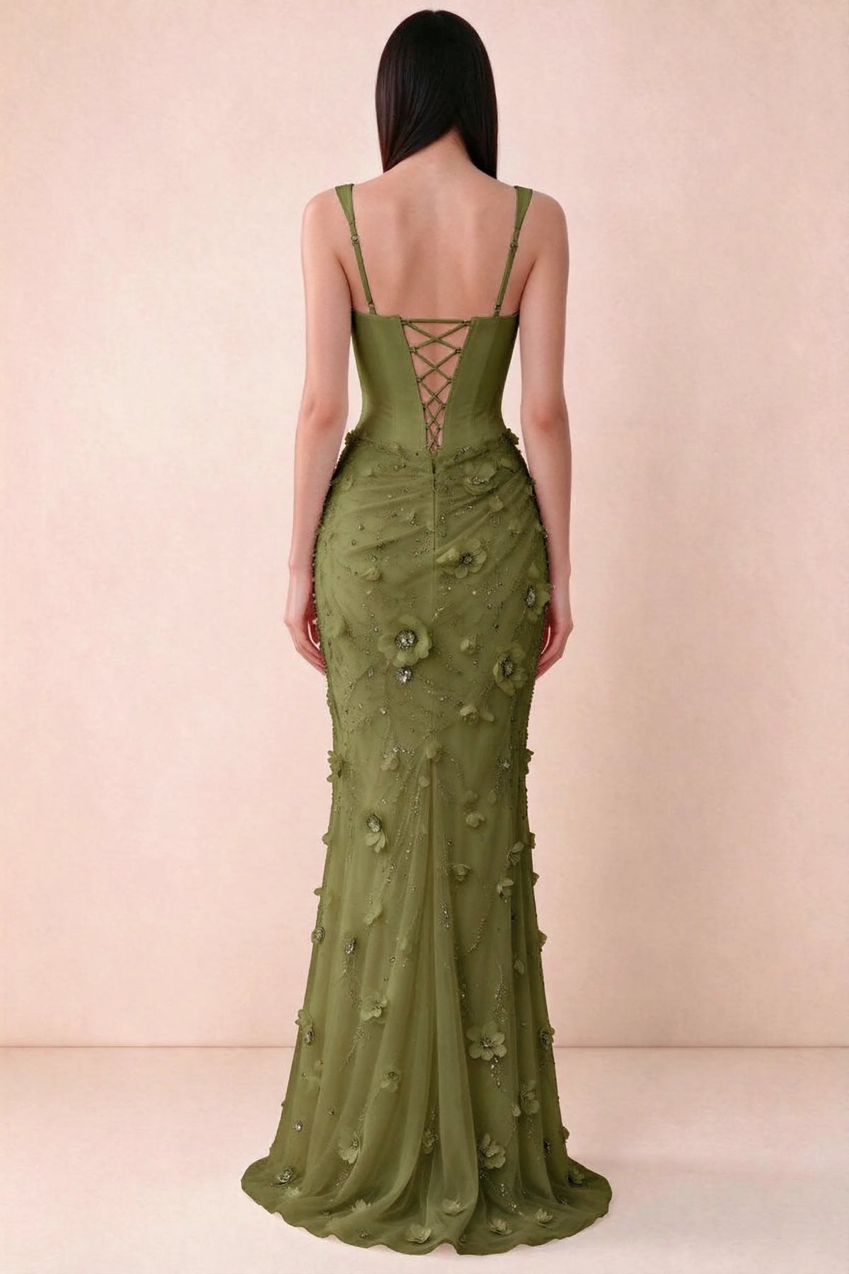 Rear studio view of Betsy olive dress showing adjustable shoulder straps and corset back lacing