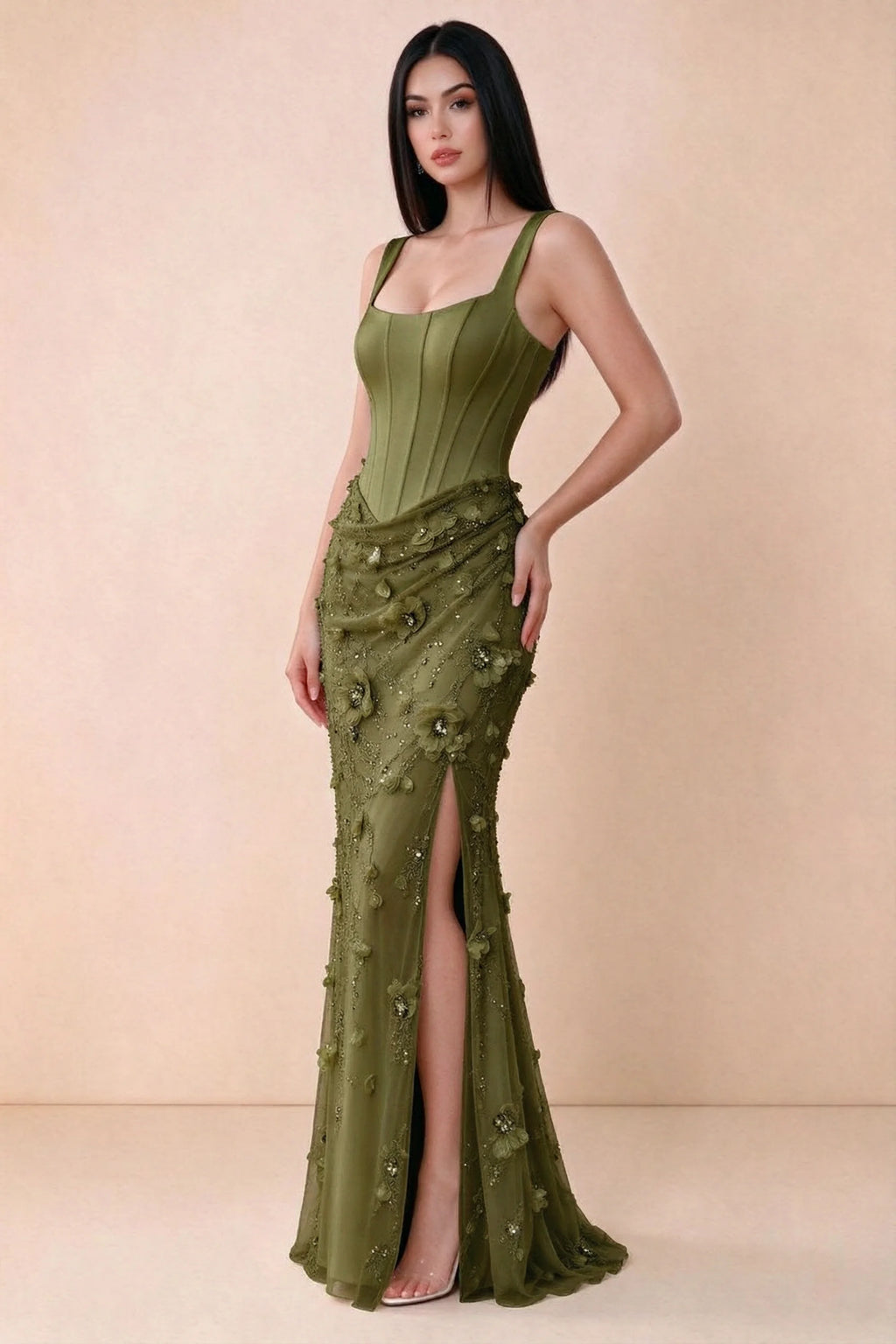 Three-quarter studio view of Betsy olive dress showing the gathered hip detail and side slit