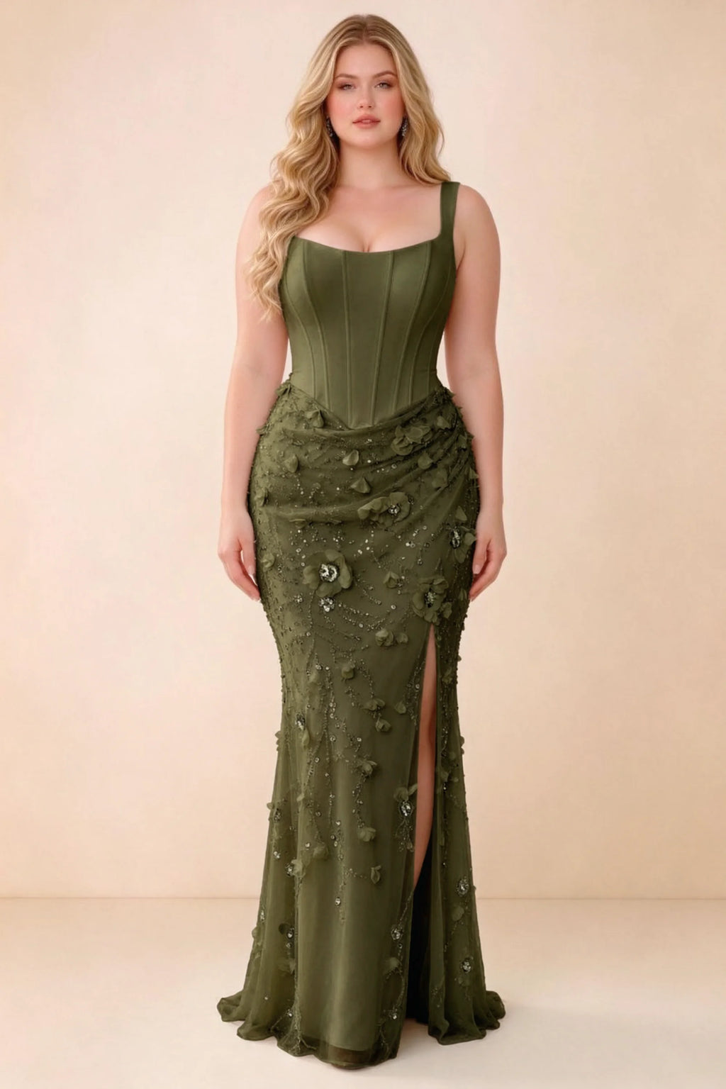 Front studio view of Betsy olive maxi dress with a pointed corset waist and embellished skirt