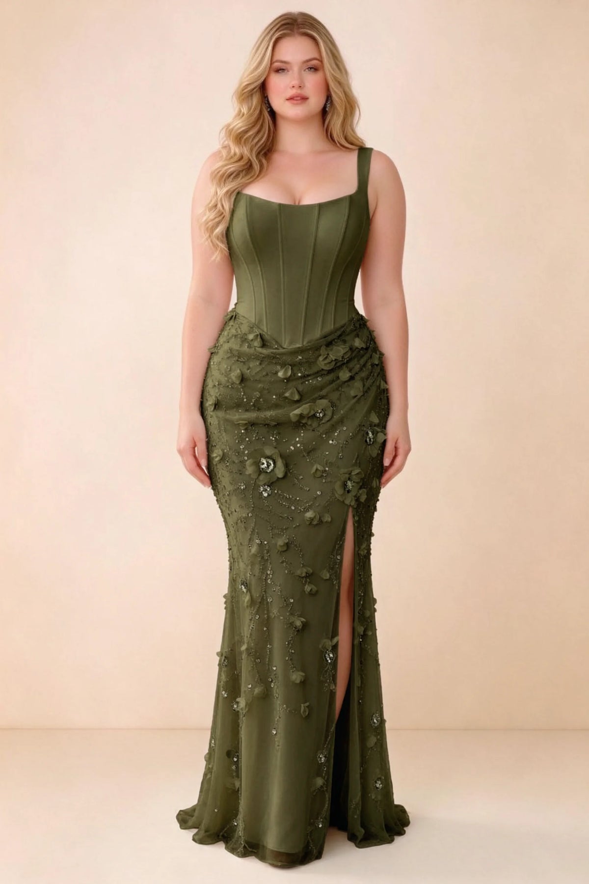 Front studio view of Betsy olive maxi dress with a pointed corset waist and embellished skirt