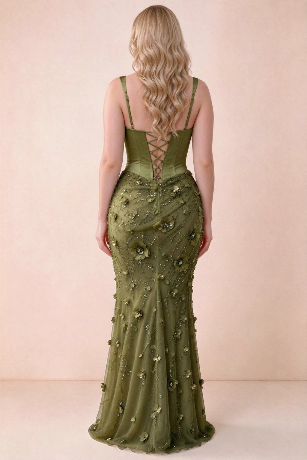 Rear studio view of Betsy olive dress showing the broad straps and fitted floral skirt