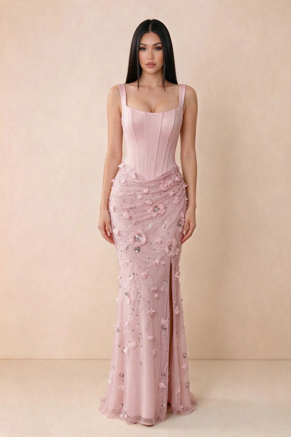 Front studio view of Betsy pink square-neck corset maxi dress with a floral skirt and high slit