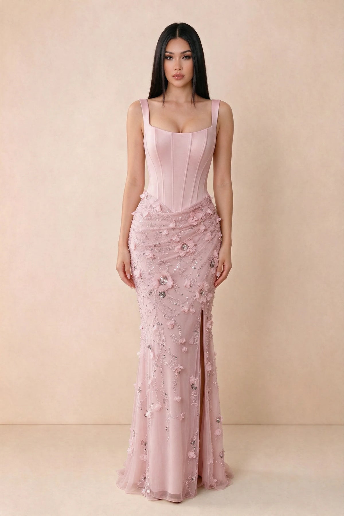 Front studio view of Betsy pink square-neck corset maxi dress with a floral skirt and high slit