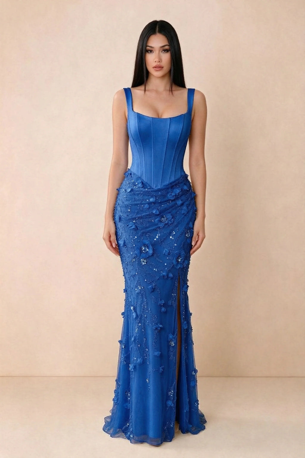Front studio view of Betsy royal blue square-neck corset maxi dress with a floral skirt and high slit