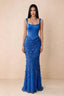 Front studio view of Betsy royal blue square-neck corset maxi dress with a floral skirt and high slit