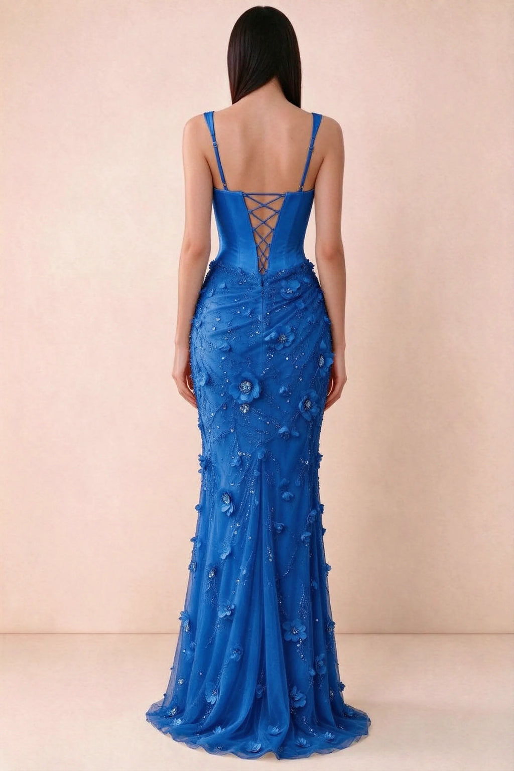 Rear studio view of Betsy royal blue dress showing adjustable shoulder straps and corset back lacing
