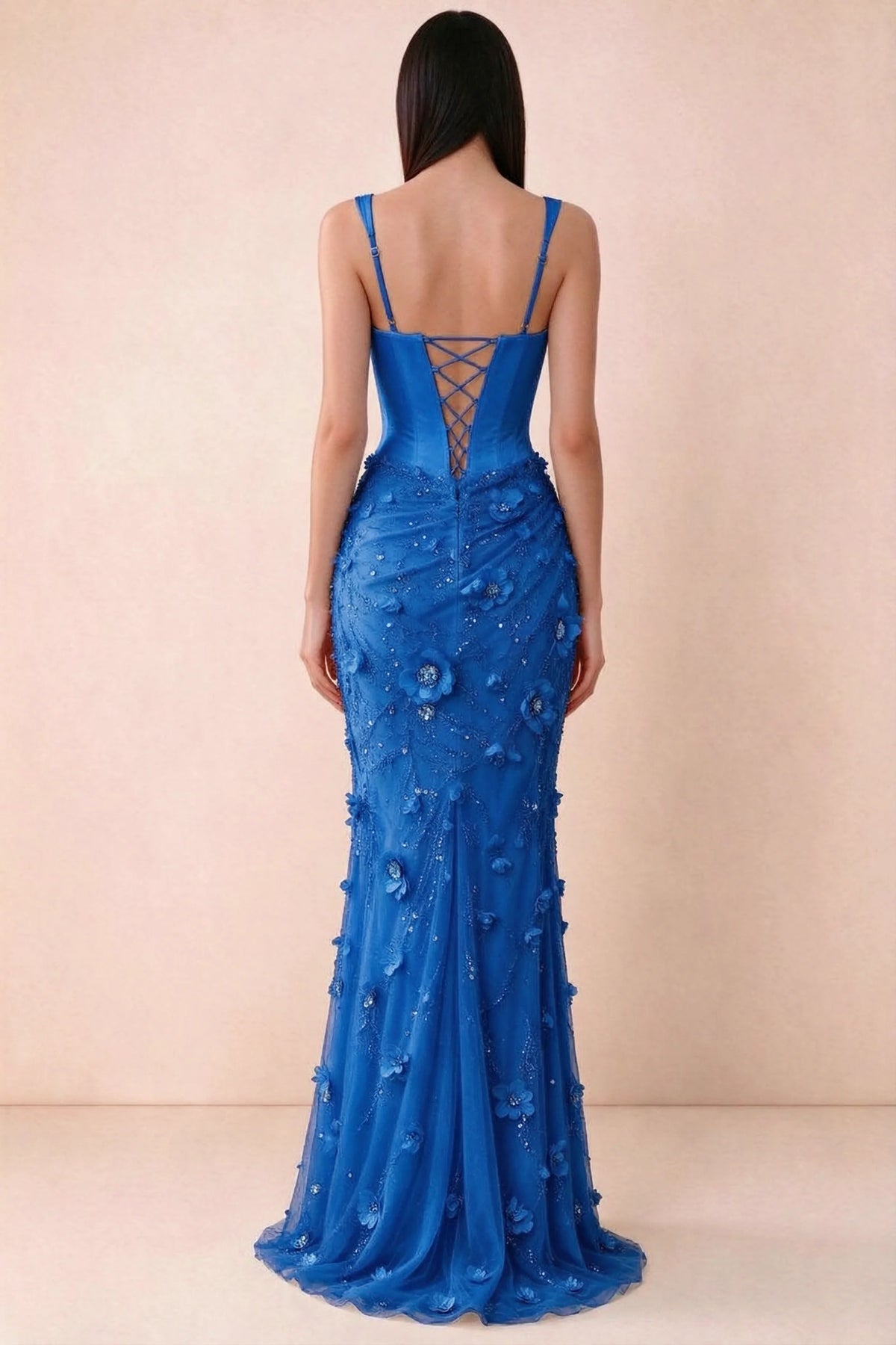 Rear studio view of Betsy royal blue dress showing adjustable shoulder straps and corset back lacing
