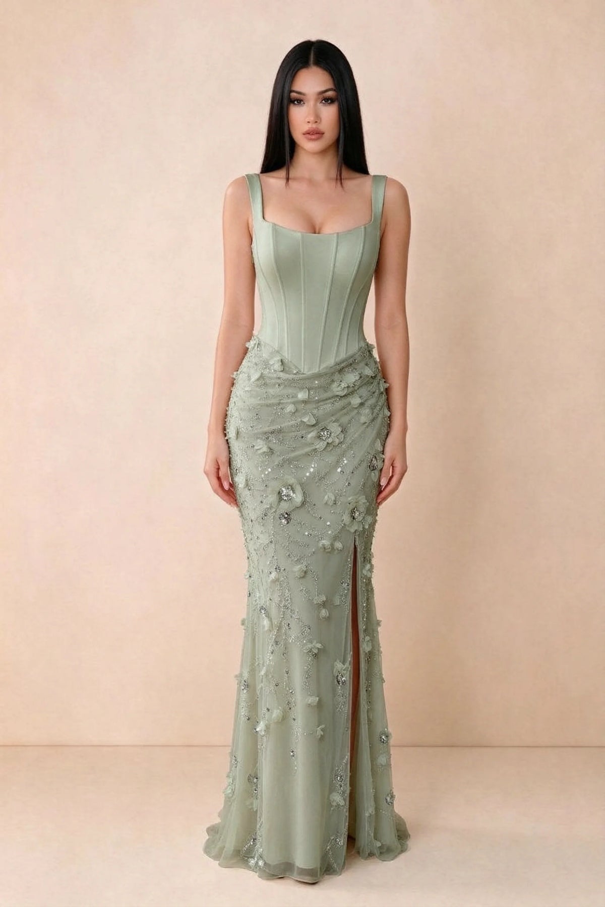 Front studio view of Betsy sage green square-neck corset maxi dress with a floral skirt and high slit