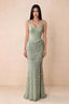 Front studio view of Betsy sage green square-neck corset maxi dress with a floral skirt and high slit