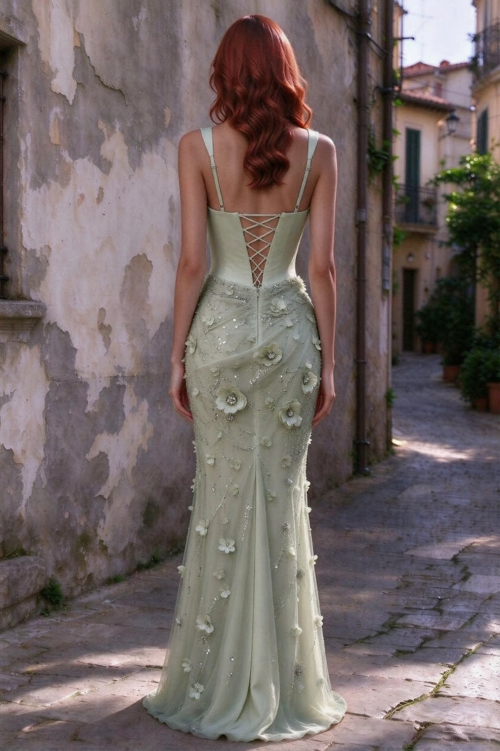 Outdoor rear view of Betsy sage green maxi dress showing the lace-up bodice and long floral skirt