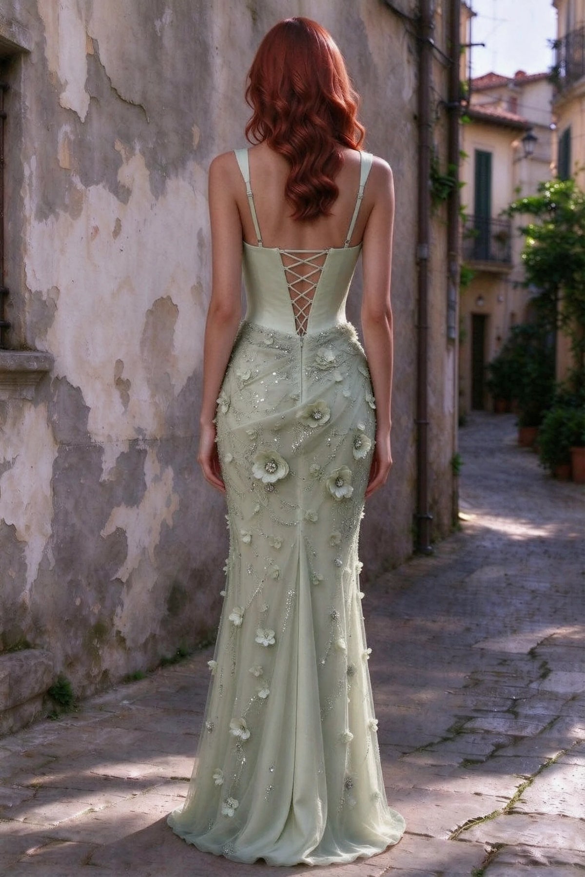 Outdoor rear view of Betsy sage green maxi dress showing the lace-up bodice and long floral skirt