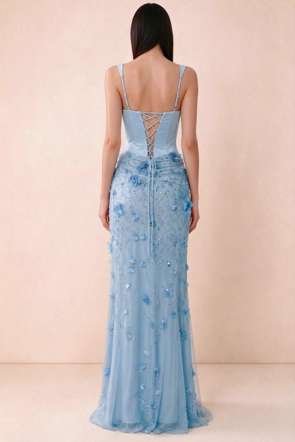 Rear studio view of Betsy sky blue dress showing adjustable shoulder straps and corset back lacing