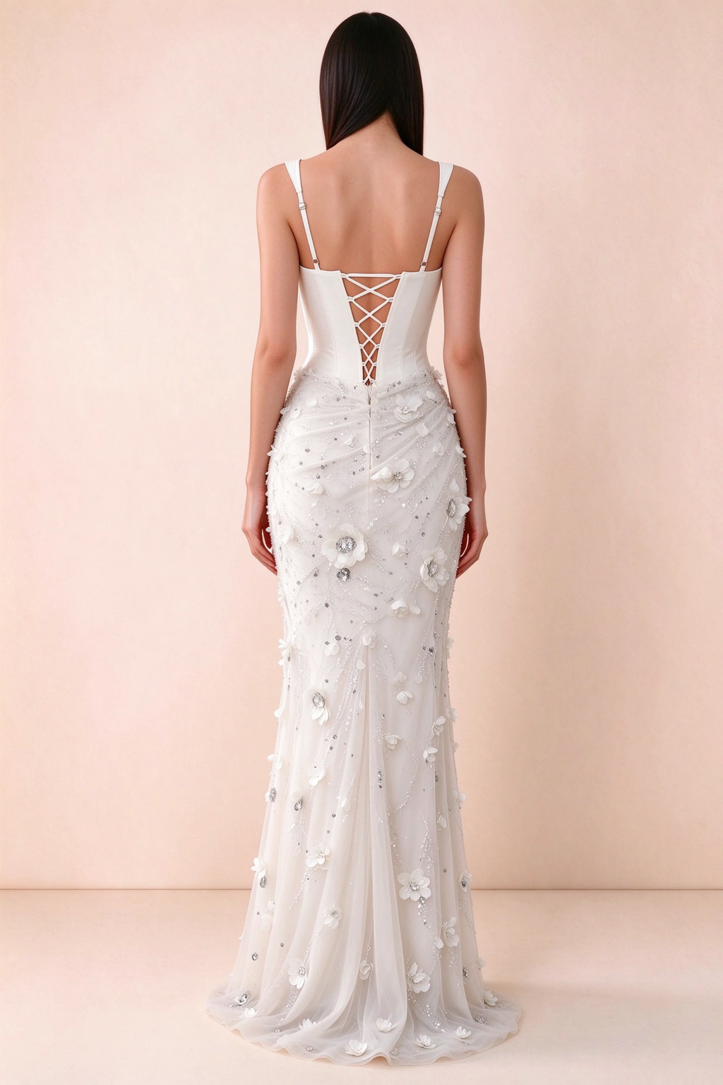 Rear studio view of Betsy white dress showing adjustable shoulder straps and corset back lacing