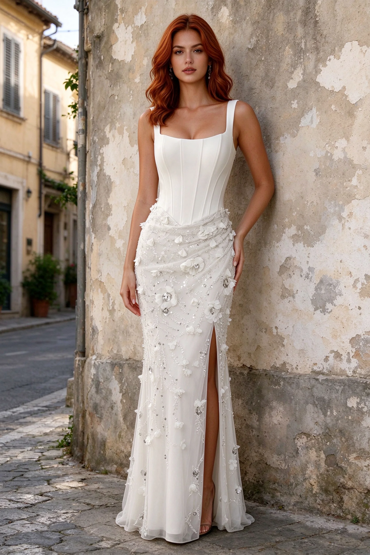 Outdoor front view of Betsy white floral slit maxi dress beside a stone wall