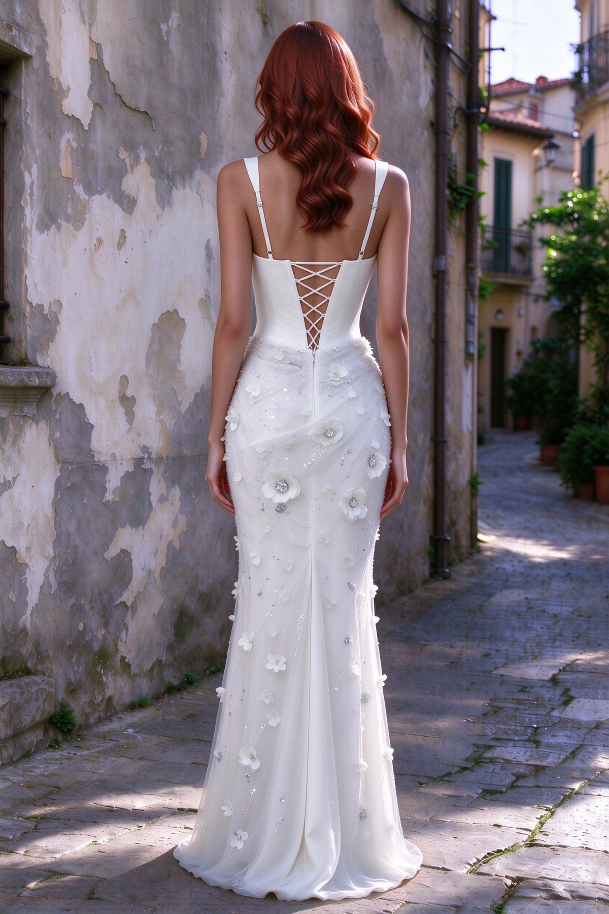 Outdoor rear view of Betsy white maxi dress showing the lace-up bodice and long floral skirt