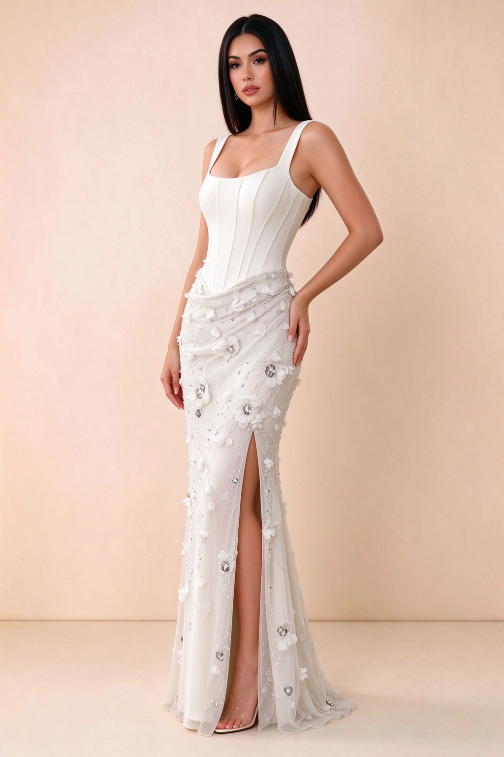 Three-quarter studio view of Betsy white dress showing the gathered hip detail and side slit