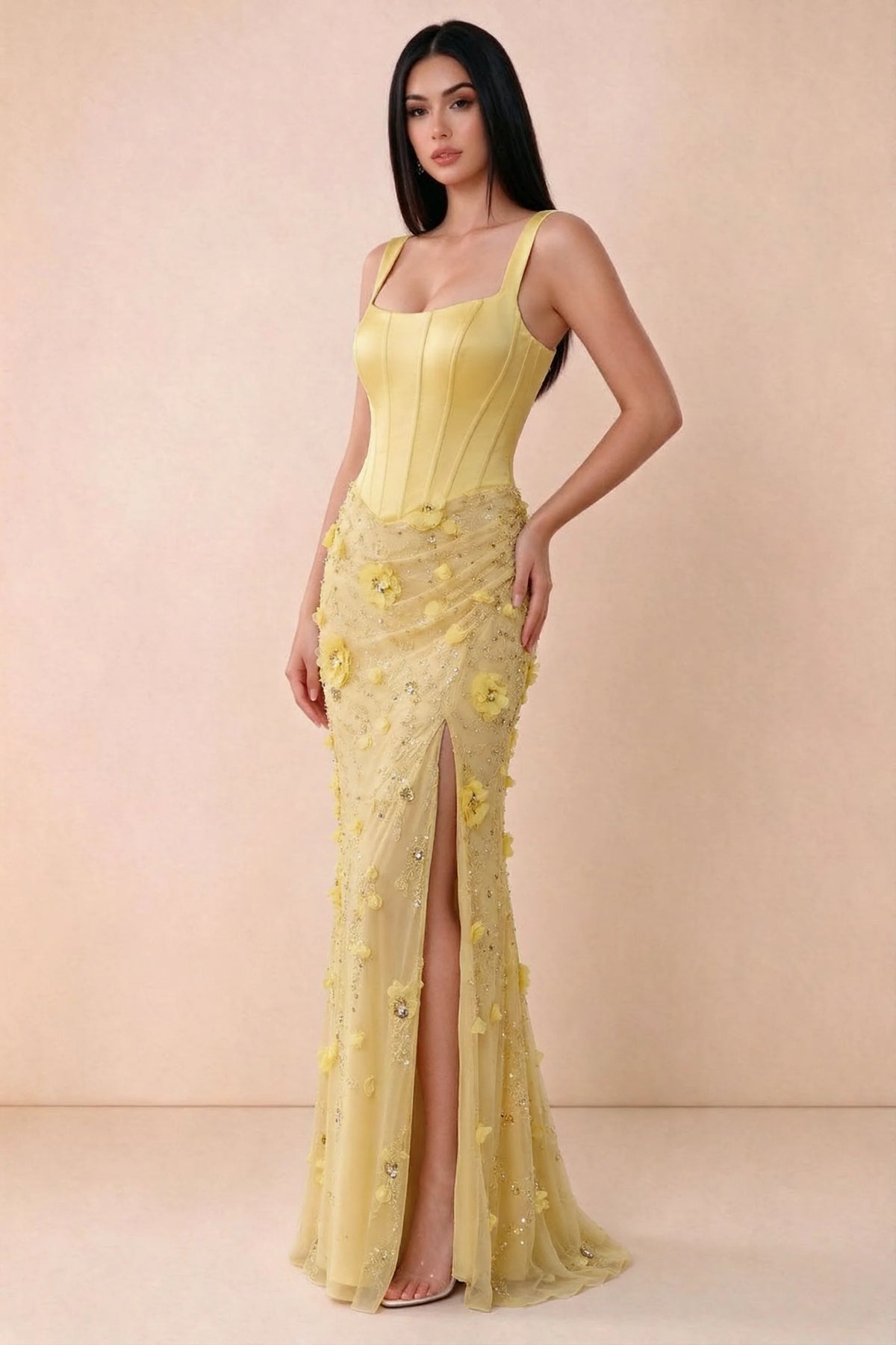 Three-quarter studio view of Betsy yellow dress showing the gathered hip detail and side slit